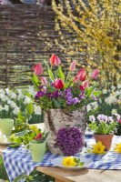 Tulips and violas in bark container.
