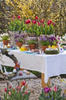 Table set for Easter containing tulips in birch bark containers, violas and coloured eggs.