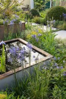 Raised water feature surrounded by Spring planting with Camassia - Abigail's Footsteps, RHS Malvern Spring Festival 2022