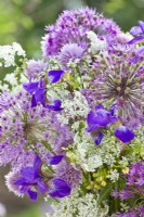 Purple - white flower bouquet containing iris, allium, cow parsley and chives.