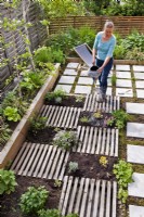 Woman creating drought tolerant flowerbed on the roof of garage. The flower bed is separated by slats, which are decorative and at the same time serve as a path. Watering recently planted herbs and perennials.