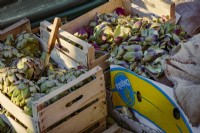 Trimmed globe artichokes with trimming knife and the discarded outer leaves in wooden crates next to market stall.