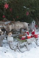 Bench with fur on a seat in front of spruce with red stars, tray with cups and thermos on a sled and a dog
