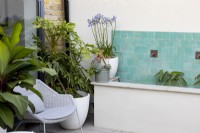 Contemporary patio with water fountain. Planting includes Agapanthus, Fatsia polycarpa and Canna musifolia in containers