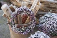 Wreath and ball of bud heather in hoarfrost