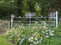 White painted wrought iron gate feature in woodland garden