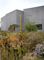  Giant yellow fork sculpture by Sir Michael Craig-Martin by gallery in Hepworth Garden.