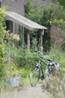 Bicycle near entrance of shop with all kinds of plants and grasses.