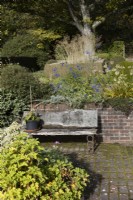 A weathered, wooden bench with old horsehoes as legs, sits beside an old red brick wall on red brick cobbles. A plant pot with plant sits on the bench and various green foliage is in the foreground. A formal clipped boxed hedge surrounding a grass, Stipa gigantea, is in the background. Regency House, Devon NGS garden. Autumn