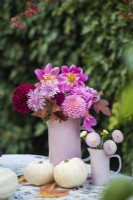 Bouquet of pink, red and lilac Dahlias and Chrysanthemums and autumn leaves in pink pottery vases on metal table with small white squashes