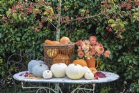 Autumn table decoration with selection of squashes arranged with bouquet of orange and peach Dahlias and Chrysanthemums in orange pottery vase