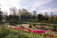 Multi-coloured Tulipa in borders surrounding a sculpture in the sunken garden at Chenies Manor.