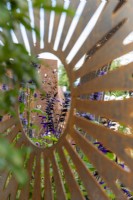 View through Corten steel panelling to planting with Salvia 'Amistad' - Sunburst Garden, RHS Hampton Court Palace Garden Festival 2022