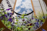 View through Corten steel panel to planting of Salvia 'Amistad', Eryngium and reflections in pool - The Sunburst Garden, RHS Hampton Court Palace Garden Festival 2022
