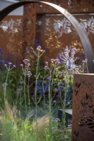 Verbena bonariensis framed by Moongate arch and decorative Corten steel pillars - The Sunburst Garden, RHS Hampton Court Palace Garden Festival 2022