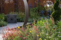 Penstemon barbatus 'Roseus' with Hemerocallis, Achillea 'Moonshine', Achillea 'Paprika' and grasses - The Sunburst Garden, RHS Hampton Court Palace Garden Festival 2022