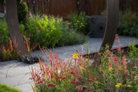 Penstemon barbatus 'Roseus' with Hemerocallis, Achillea 'Paprika' and grasses - The Sunburst Garden, RHS Hampton Court Palace Garden Festival 2022