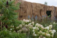 Rhus typhina, Hydrangea paniculata, Miscanthus sinensis and Salvia uliginosa 'Ballon Azul' in front of a carved oak louvred wall - The Boodles Secret Garden, RHS Chelsea Flower Show 2021