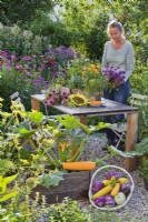 Wooden box with courgette and trug with harvested kohlrabies and courgettes, mixed herbs in a crate on the table and a woman holding a bouquet of monarda.