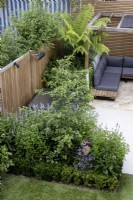High view of secluded suburban garden with wood pergola