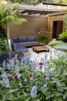 Looking across a herbaceous border towards patio area and contemporary wood pergola