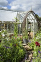 Alite National Trust Collection Greenhouse in Wood Sage, with cutting garden in front at  at RHS Hampton Court Palace Garden Festival 2022 