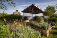 A city garden with raised bed planters containers - a metal covered structure with seating area - mixed flower borders with euphorbia, nepeta, hostas, geums, irises and ornamental grasses on the SSAFA Garden RHS Chelsea Flower Show 2022 - Designed by Designer Amanda Waring - Built by Arun Landscapes - Sponsored by CCLA 