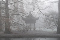 The Chinese Pavilion in the frost and fog at the RHS Wisley Gardens