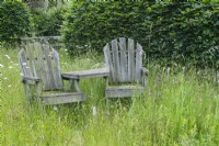 A pair of old weathered Adirondack style wooden chairs in a wild flower meadow with orchids. Beech hedge. June