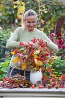 Woman making an autumn leaf and berry bouquet which containing guelder rose and sweet gum