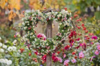 Heart shaped wreath made of aster, rose hips and spindle berries hanging from wood post.