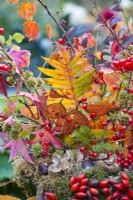 Bouquet containing autumn foliage and guelder rose berries.