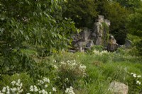 A waterfall over Wellington Rock surrounded by Zelkova serrata, grasses and white flowers in Paxton's Rock Garden at Chatsworth House and Garden.