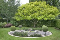Circular gravel bed with pond and fountain and bordered by lollipop topiary at The Burrows Gardens, Derbyshire, in August