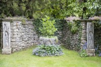 Stone walled alcove with stone urn containing small Magnolia shrub with planting below of Campanula