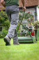 Mowing the lawn with an old fashioned petrol cylinder mower in readiness for Blewbury NGS Gardens Open