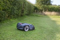 Husqvarna Automower 410X mows a country garden lawn