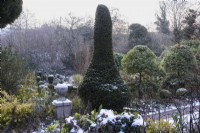 The Box Garden with clipped yew and other evergreens at Lower House in December.