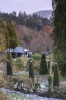View across a garden on the Welsh Borders in December.
