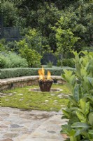 Fire pit with Mazus reptans groundcover and sandstone seat bordered by Atriplex nummularia