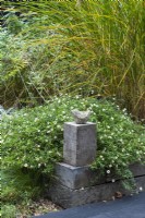 A small stone dove is raised on a wooden block, in front of a mound of fleabane.