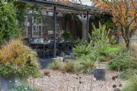 View to covered dining area, past an old galvanised water tank planted with fleabane and pheasant tail grass, an olive tree, and a raised bed of drought tolerant plants beneath a Japanese maple.