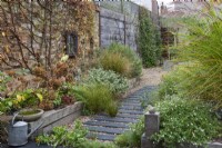 A path is made from wood off-cuts left over from laying the wooden decks, fixed at equal intervals beneath the gravel. To the left, a raised bed contains pheasant tail grass, euonymus, hydrangea and rosemary. Climbing hydrangea is trained up the wall.