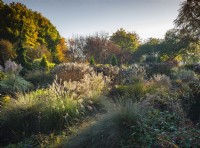 View of mixed beds of grasses and perennials at the Bressingham Gardens in November. 