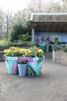 With spring flowers painted pots filled with Daffodils, Hyacinth and Tulips at round terrace.