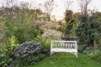 White bench surrounded by shrubs and trees at John Massey's garden in October.