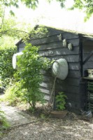 Black painted wooden shed with garden equipment.
