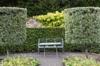 A metal seat and table framed by drums of weeping silver pear, Pyrus salicifolia 'Pendula', at Whitburgh House Walled Garden in September.