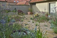 View of small courtyard garden gravel borders with drought tolerant planting including North Yorkshire sandstone paving, wooden boardwalk, rusted water bowl feature by Living Green Design. 

Plants include Verbena bonariensis, Eryngium agavifolium,  
Stachys byzantina and Artemisia schmidtiana 'Nana' - dwarf Schmidt wormwood and Perovskia 'Blue Spire'

Design by Semple Begg