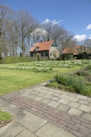 Rows of white Narcissus planted in the lawn in front of de Boschhoeve house.